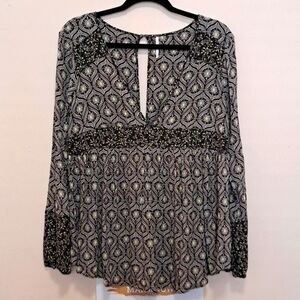 Free People floral blue, yellow rust organic Boho long sleev blouse skirt